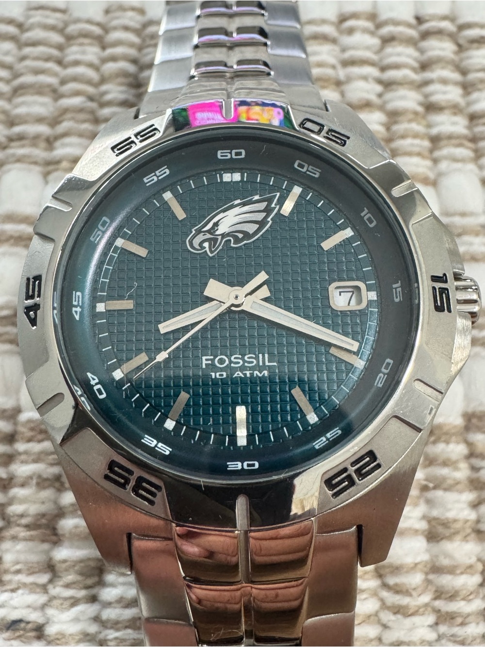 Fossil Men’s Silver Stainless Steel Watch with Green Dial and Eagles Logo